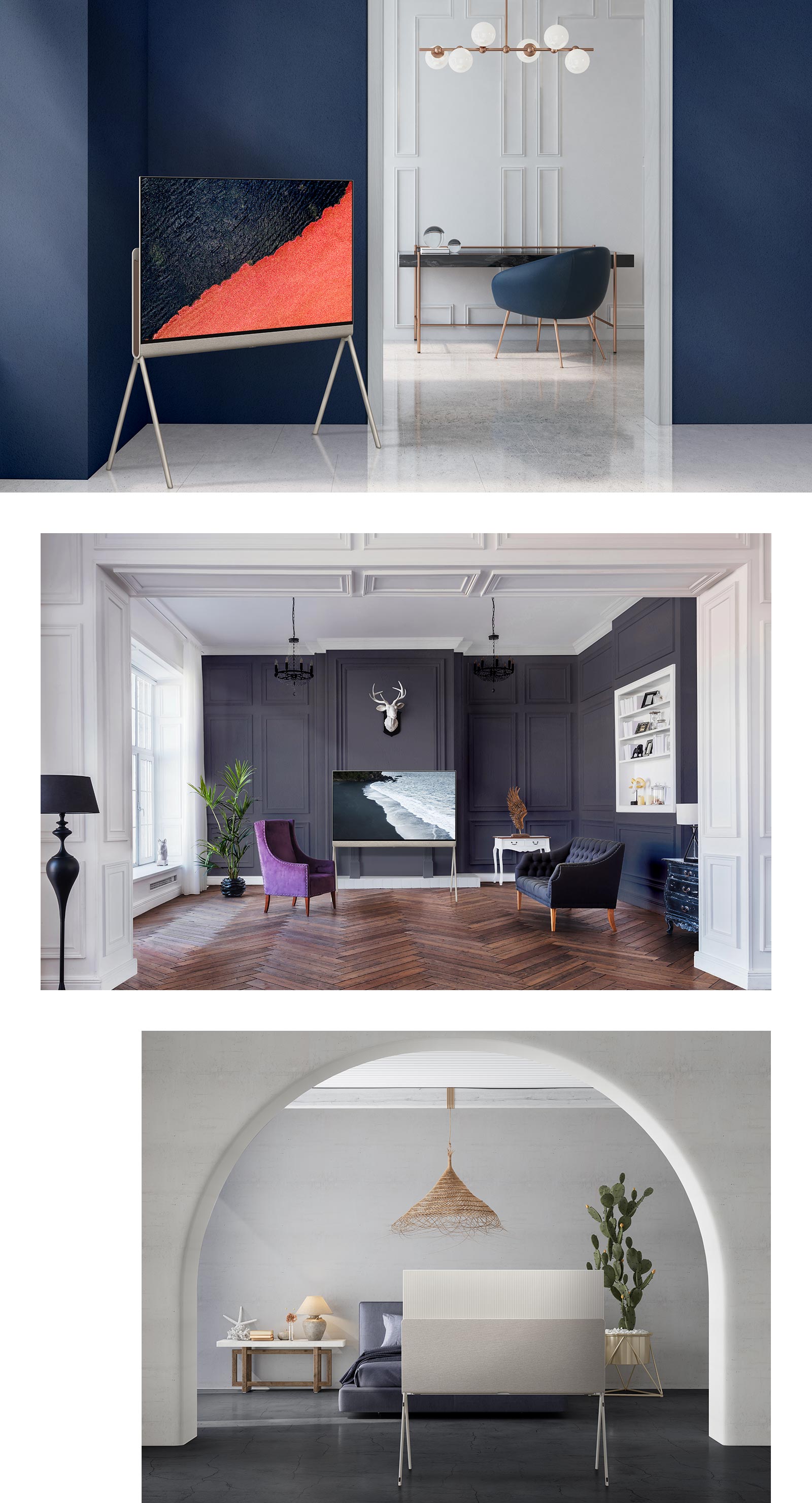 Posé u tri zatvorena prostora. Prvi je prikazan u uglu mornarsko-plavog zida sa umetničkim delom u crnoj i crvenoj boji na ekranu, dok se sto i fotelja mornarsko-plave boje nalaze u prostoriji iza njega. Drugi je prikazan u središtu modernog zida ugljenosive boje ispod trofejne glave jelena, dok je na ekranu slika talasa. Treći je prikazan otpozadi u središtu prostorije i služi kao umetnički detalj ispred kreveta.